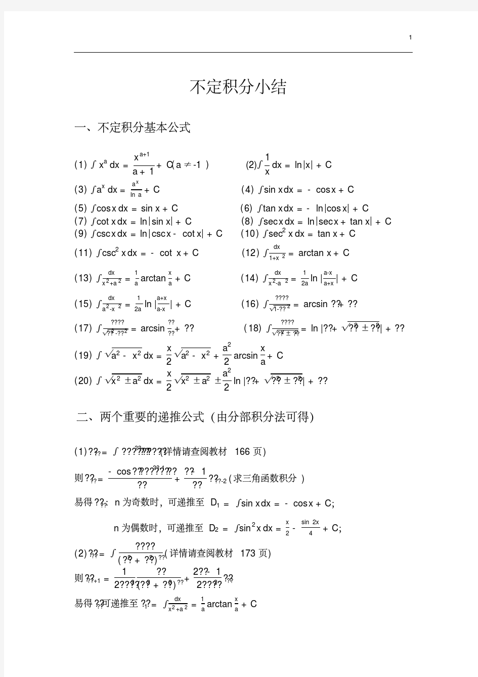 不定积分公式总结