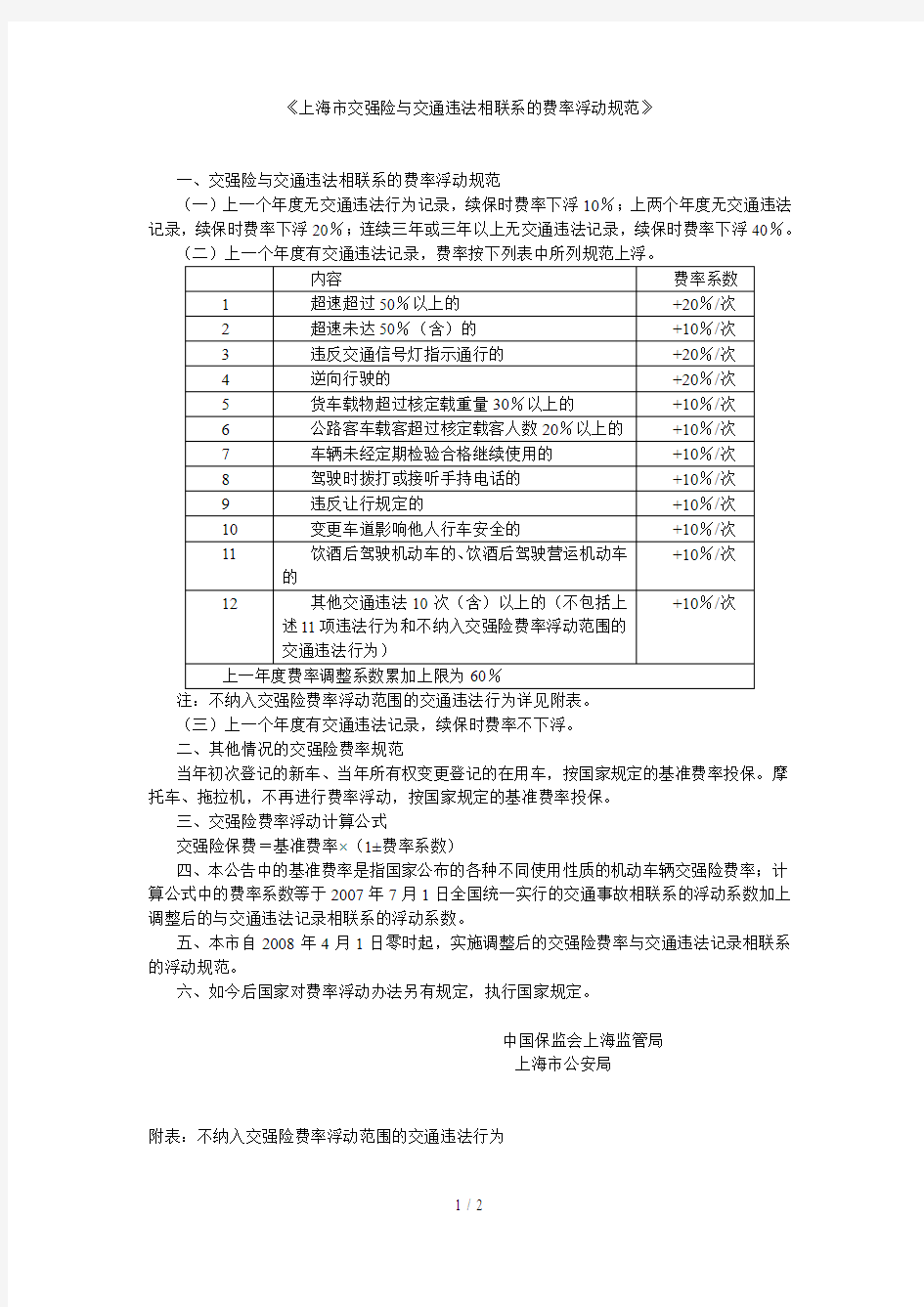 上海交强险费率浮动标准规范