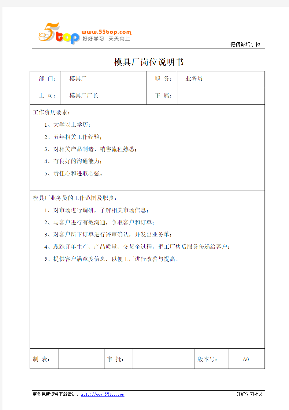 模具厂业务员岗位说明书