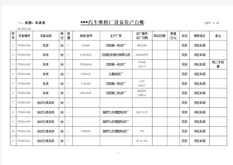 设备台账登记表表