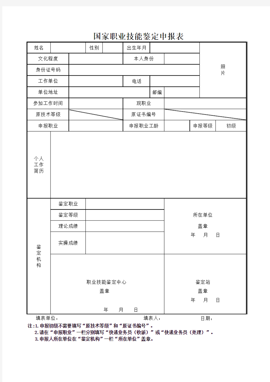 国家职业技能鉴定申报表模板