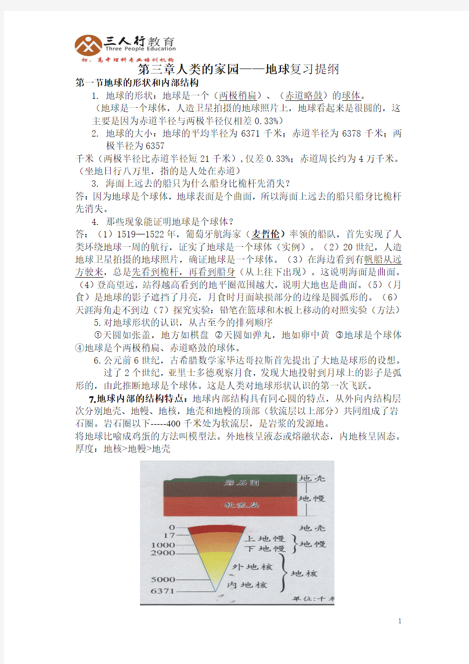 2013秋新浙教版七年级上册科学 第三章人类的家园_复习资料