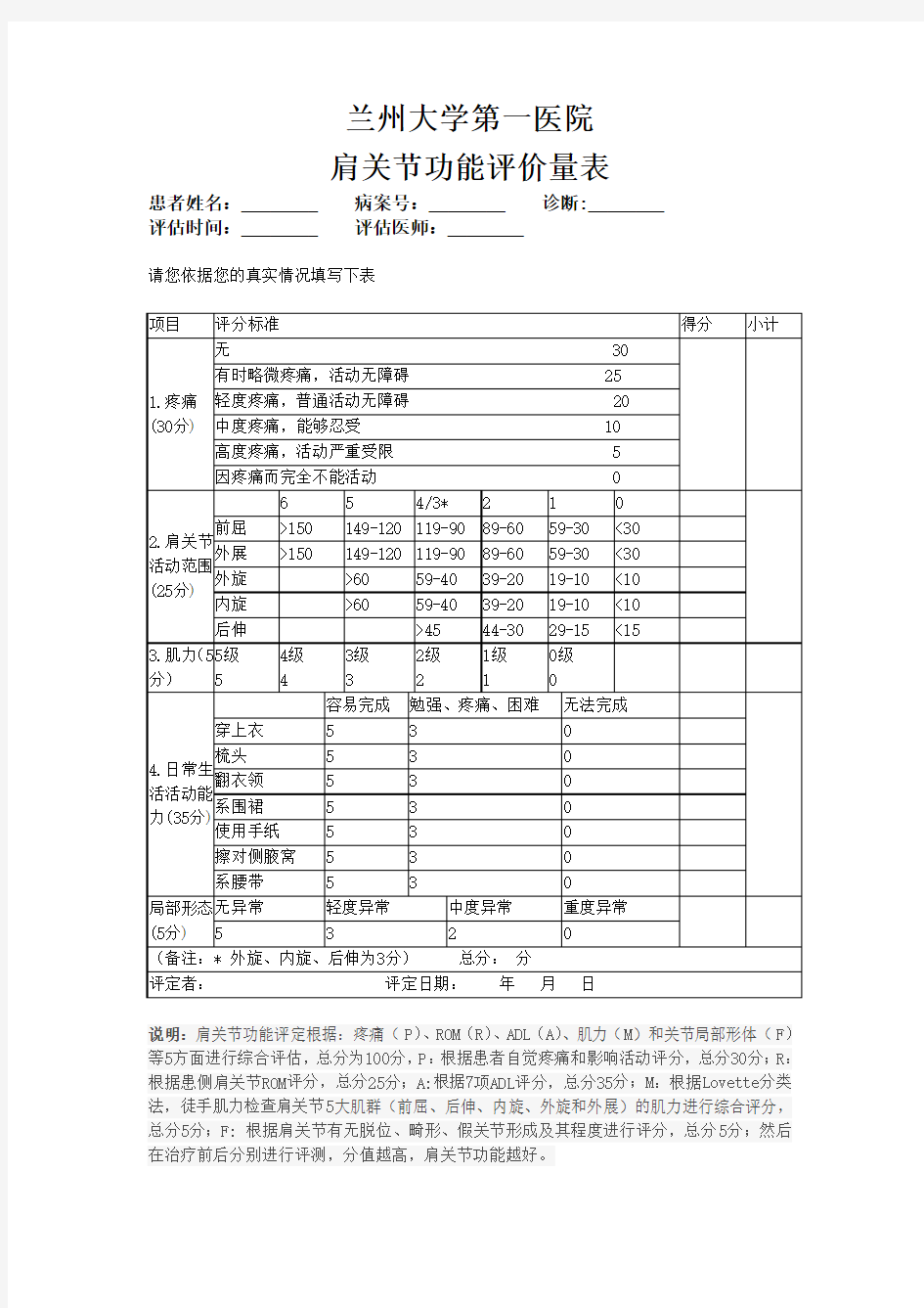 肩关节功能评价量表