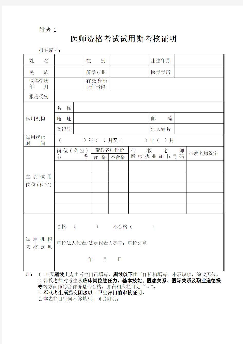 医师资格考试试用期考核证明等表格