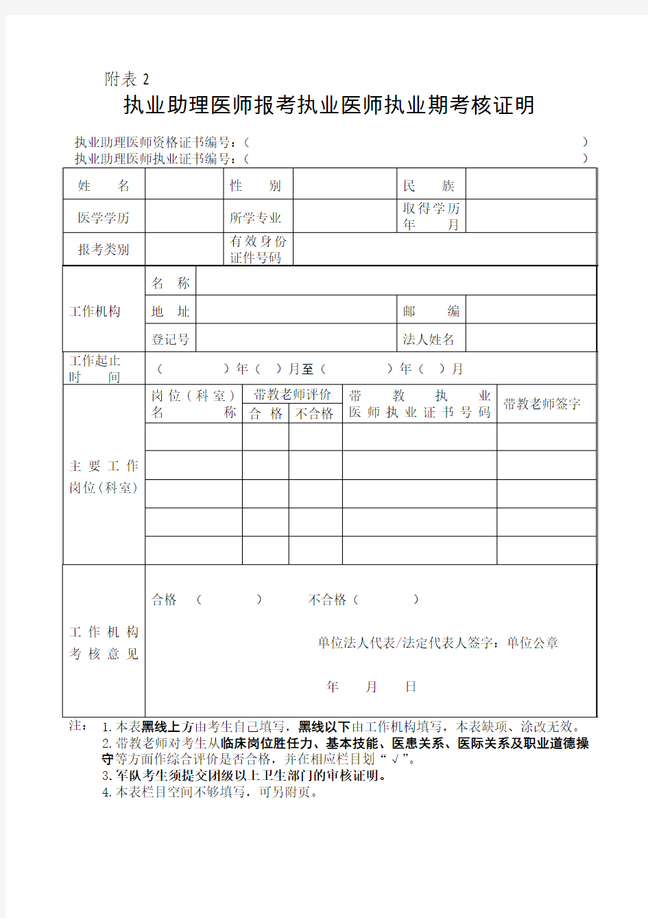 医师资格考试试用期考核证明等表格