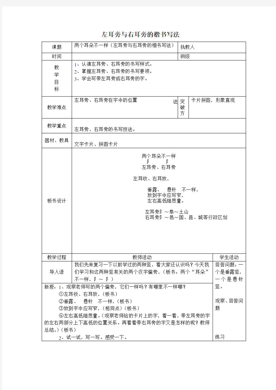 硬笔书法楷书偏旁部首左耳旁、右耳旁教案