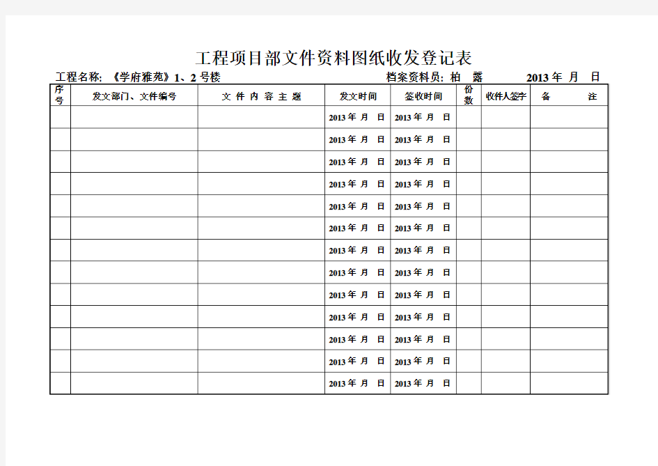 项目部文件资料图纸收发登记表