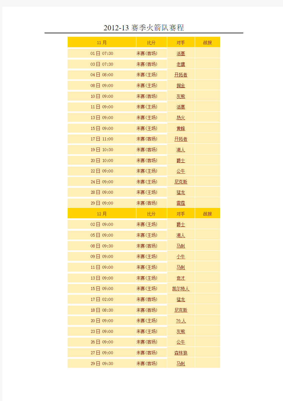 2012-13赛季火箭赛程