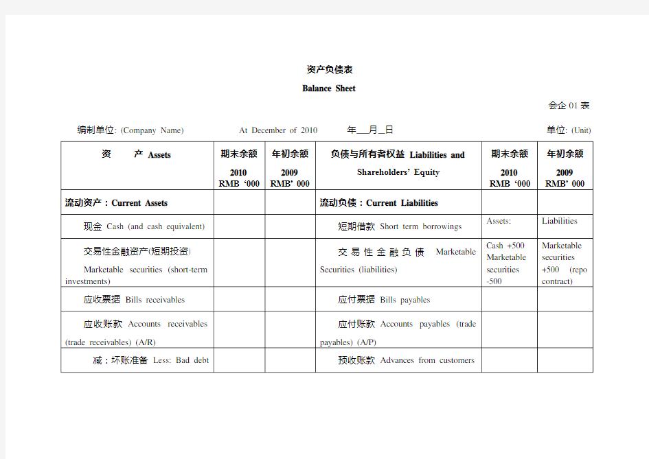 新会计准则财务报表-中英文