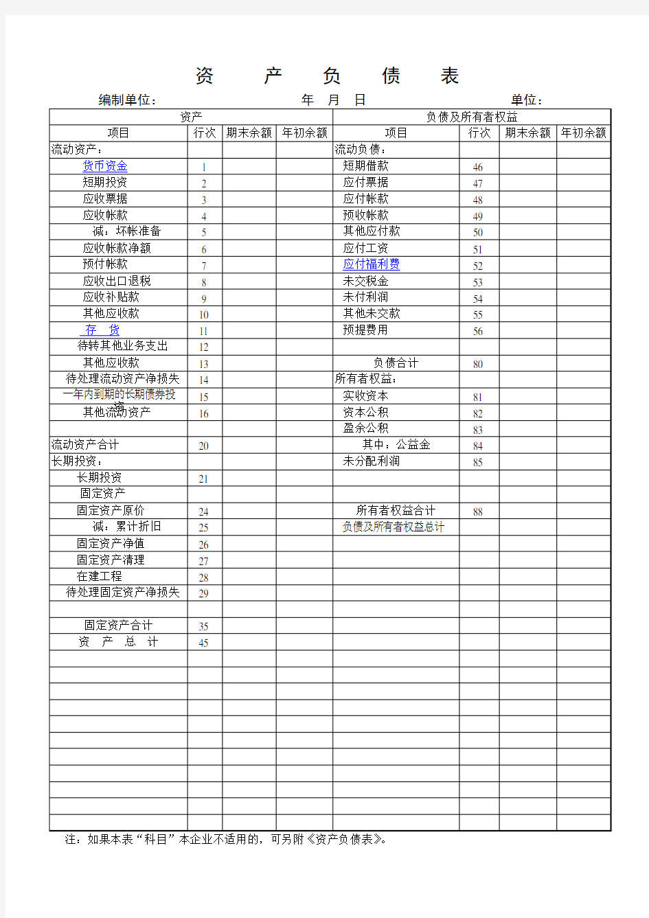 资产负债表表格下载