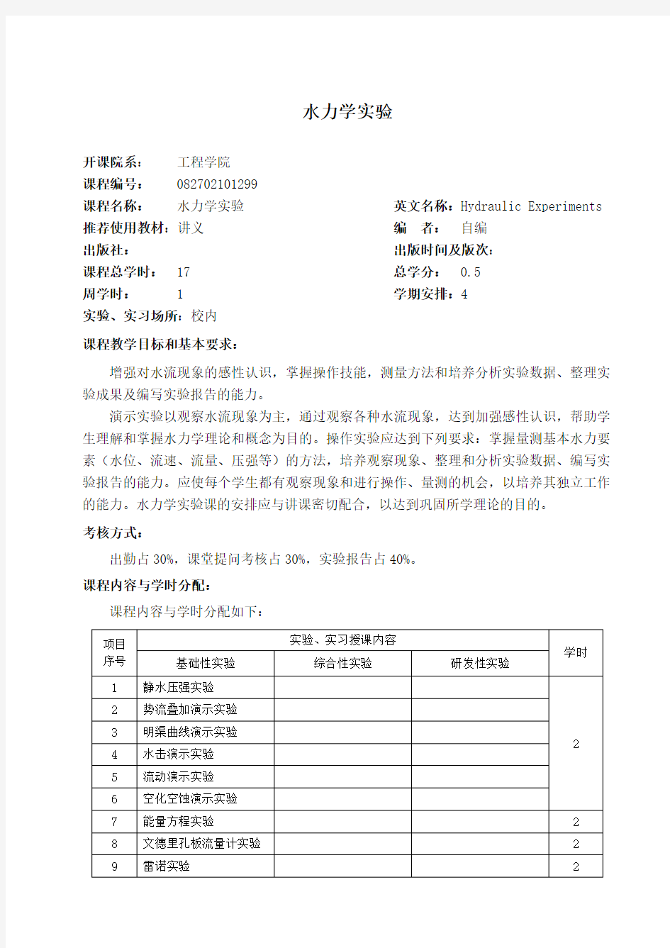 中国海洋大学教学大纲-港口航道与海岸工程-水力学实验