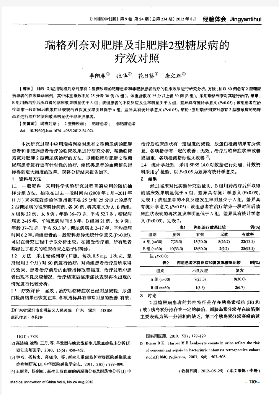 瑞格列奈对肥胖及非肥胖2型糖尿病的疗效对照