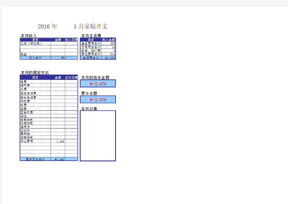 2016年家庭理财收支明细表