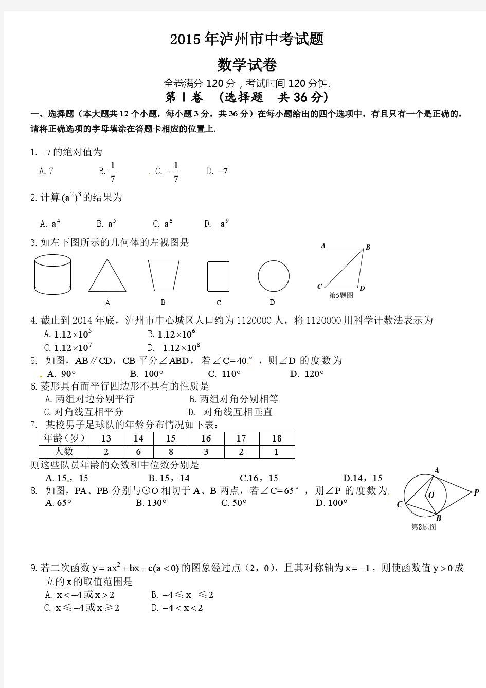 2015年泸州市中考数学试题真题