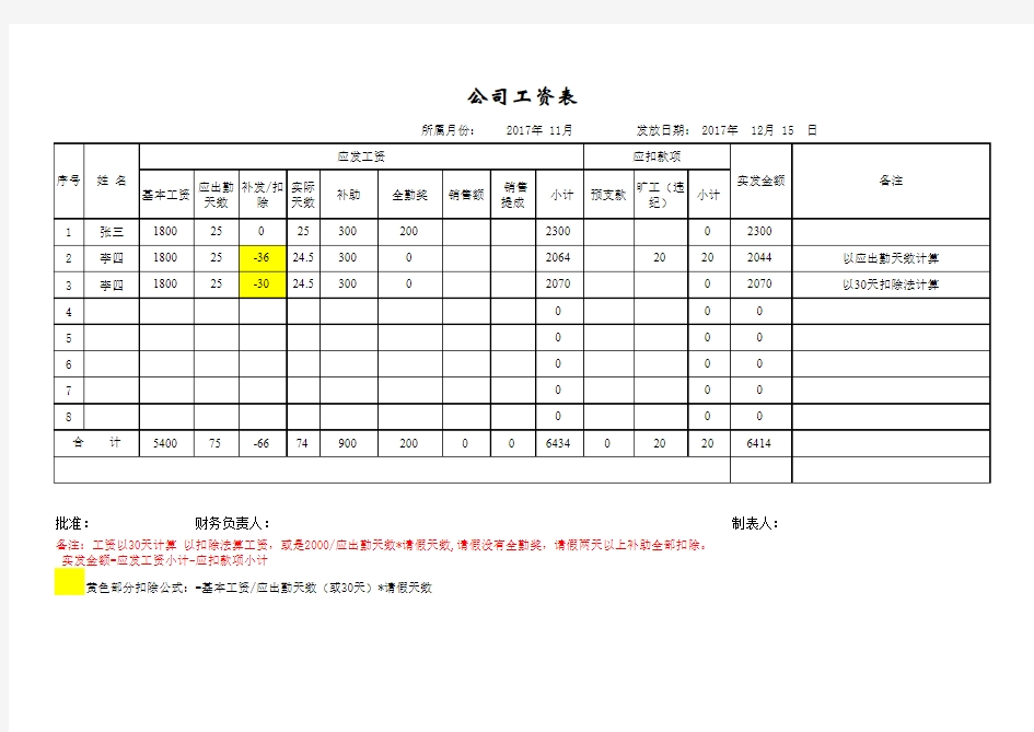 带公式自动计算的工资表