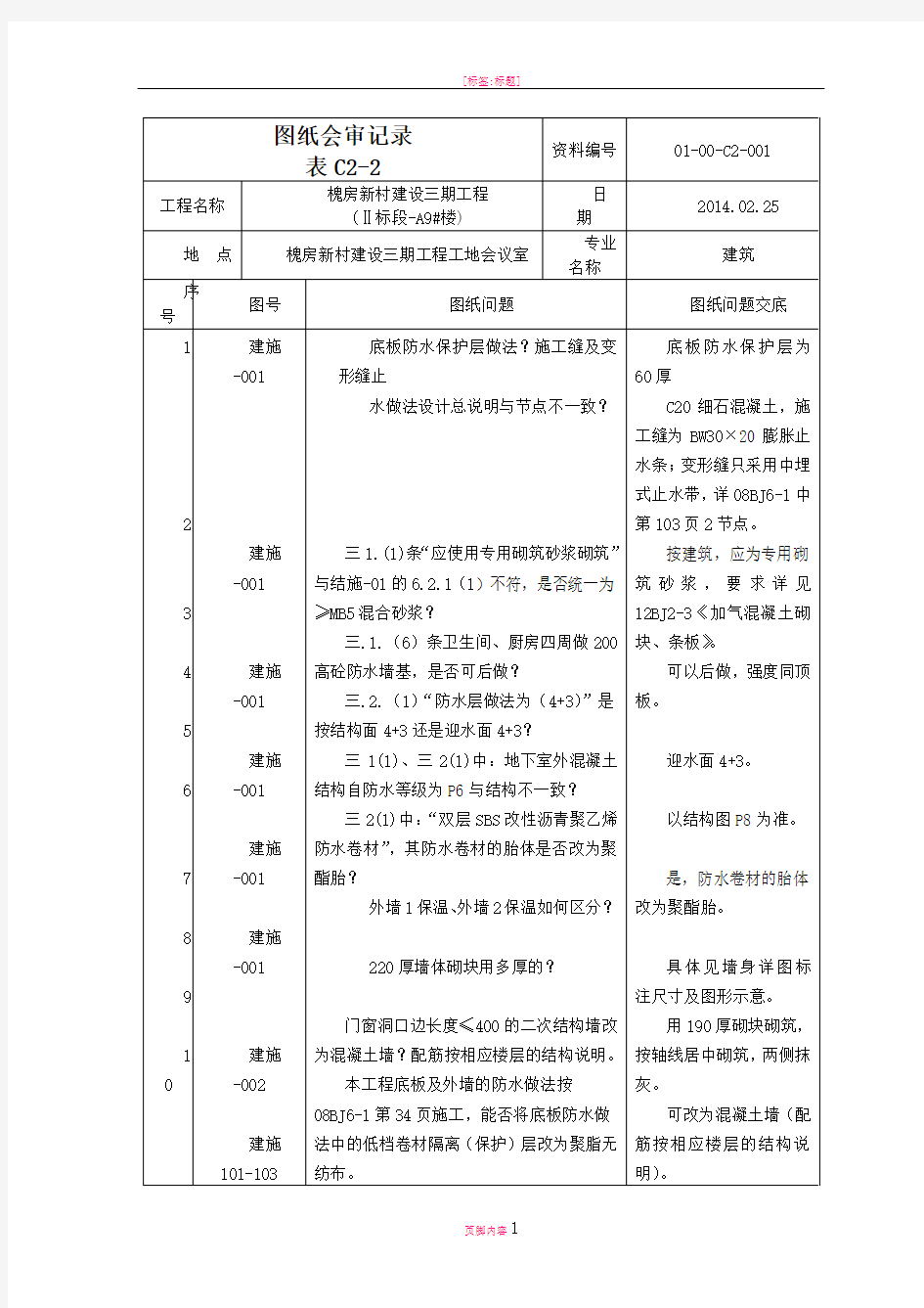 建筑施工图图纸会审记录