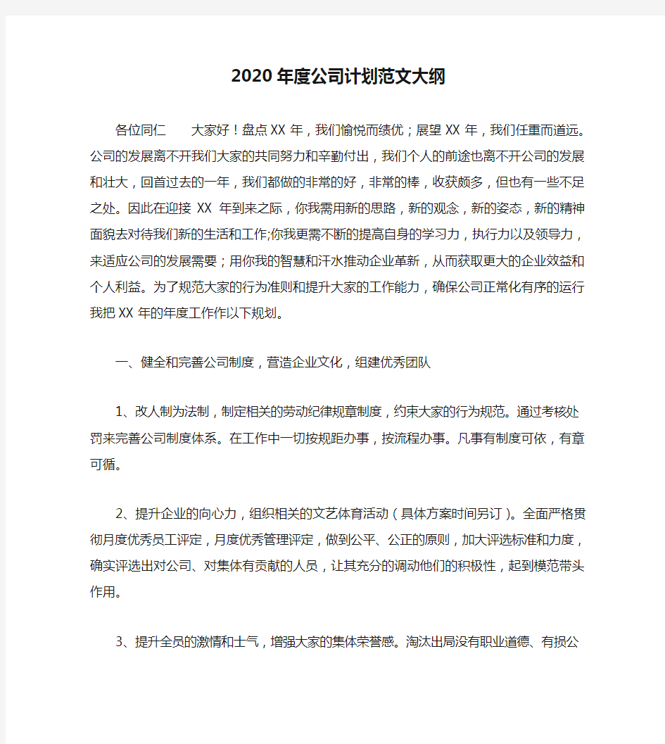 2020年度公司计划范文大纲