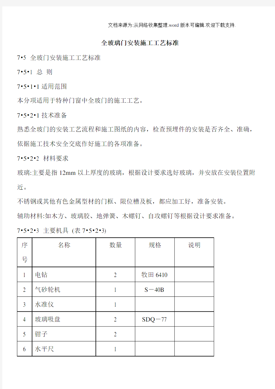 全玻璃门安装施工工艺标准