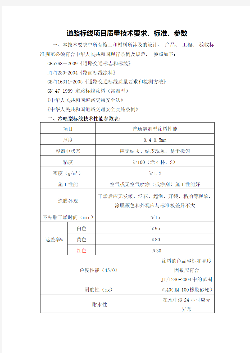 冷喷道路标线项目质量技术要求、标准、参数