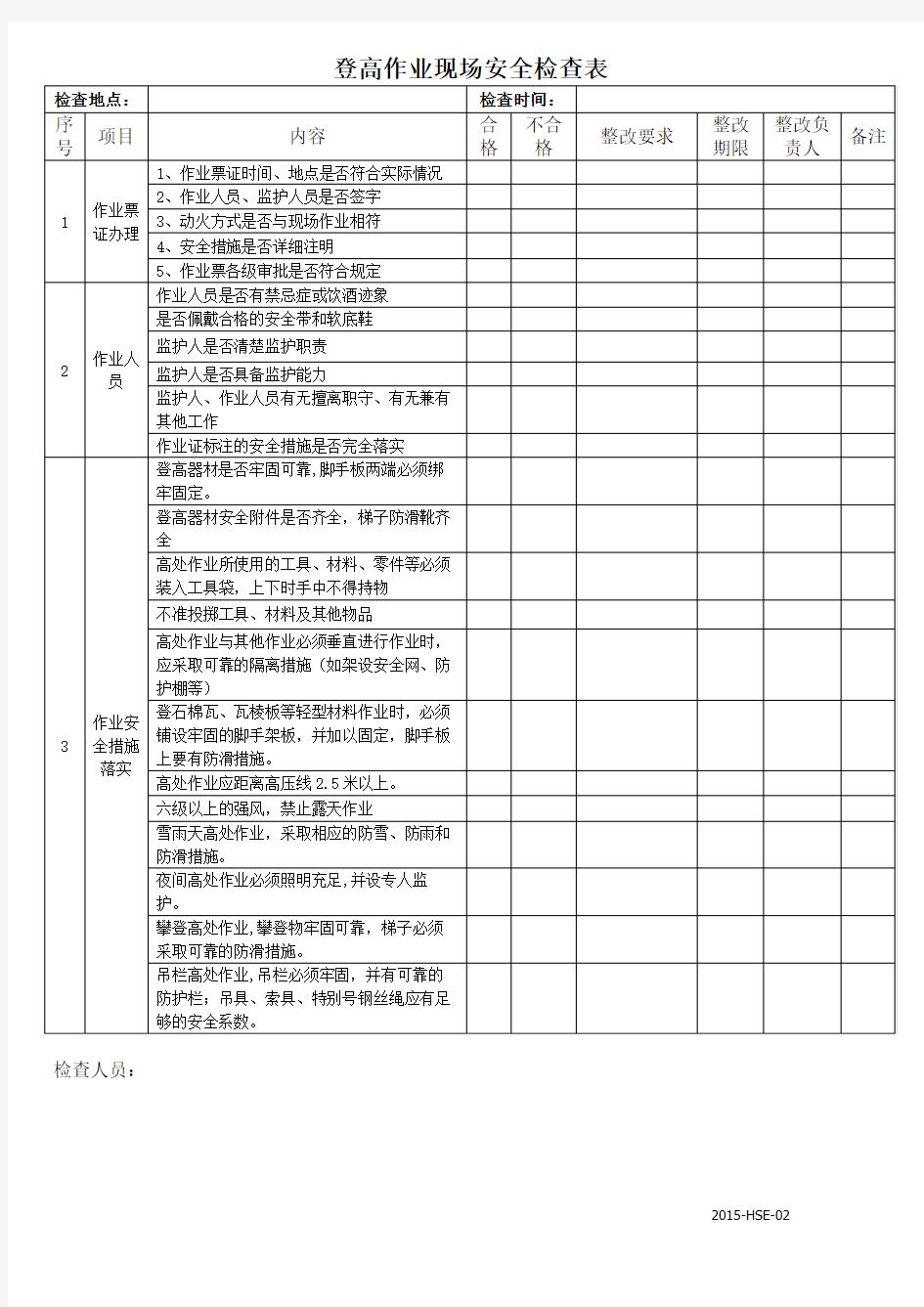 (完整)登高作业现场安全检查表