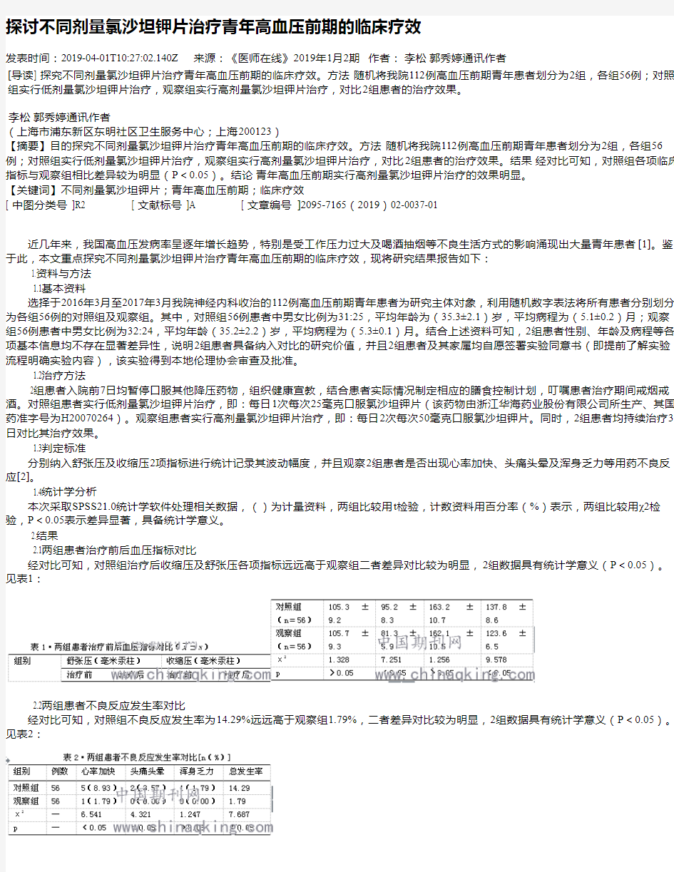 探讨不同剂量氯沙坦钾片治疗青年高血压前期的临床疗效