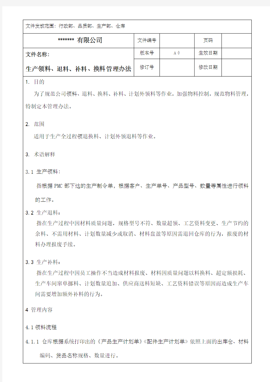 生产领料、退料、补料、换料管理办法