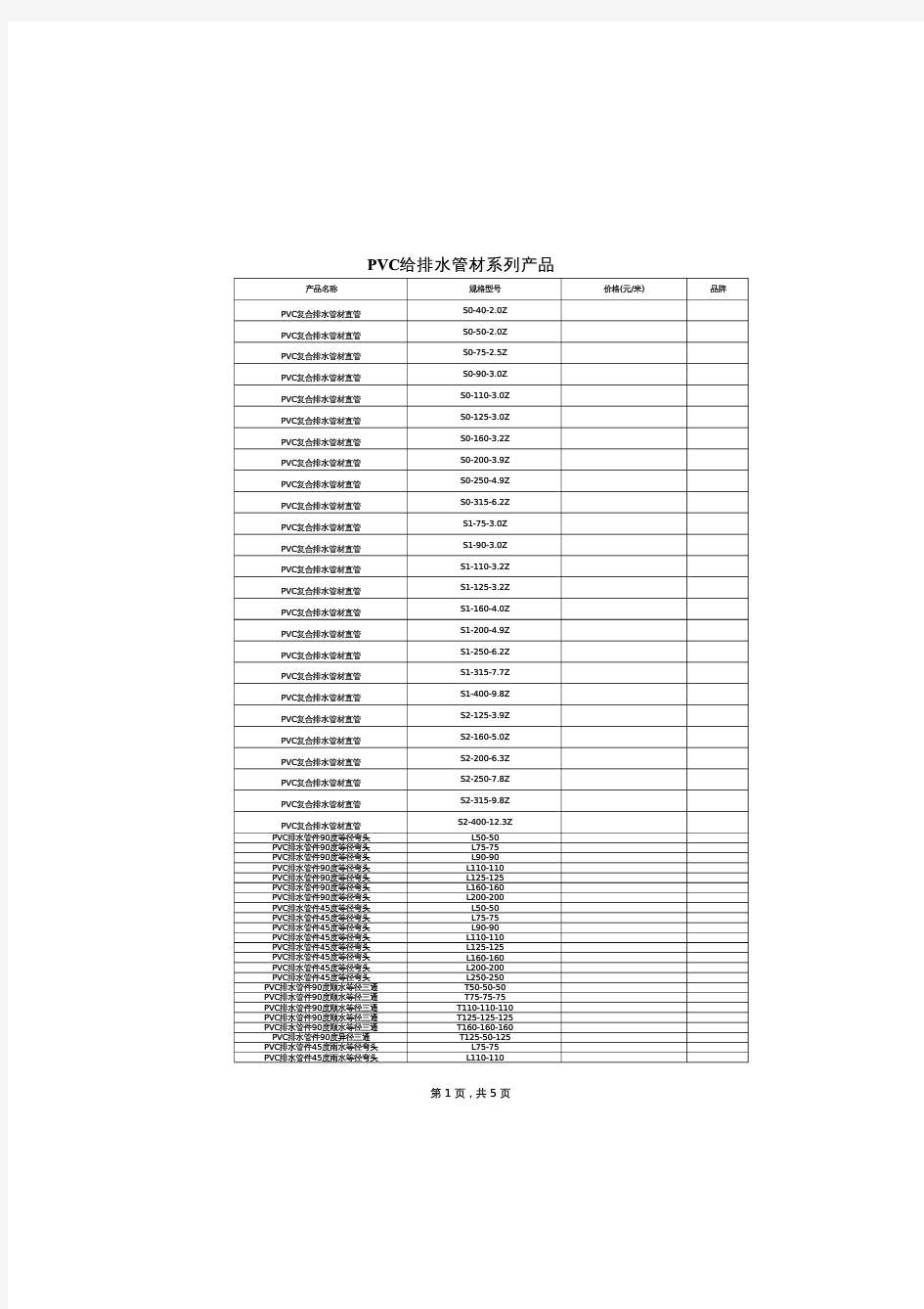 PVC给排水管材及管件系列产品价格