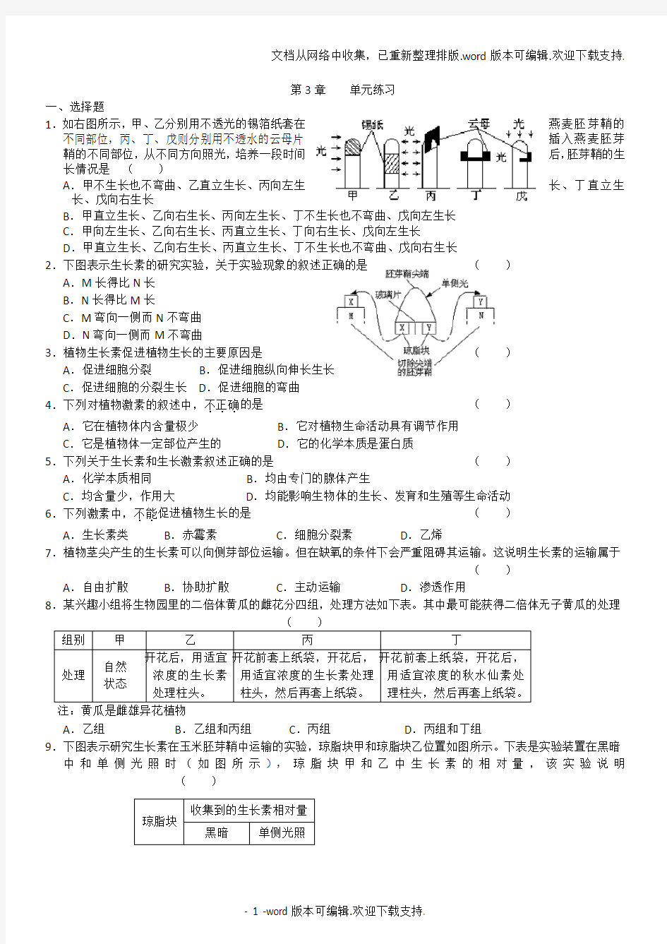 植物的激素调节测试题