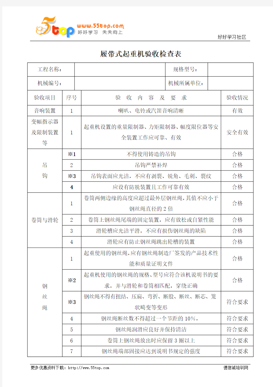 履带式起重机验收检查表