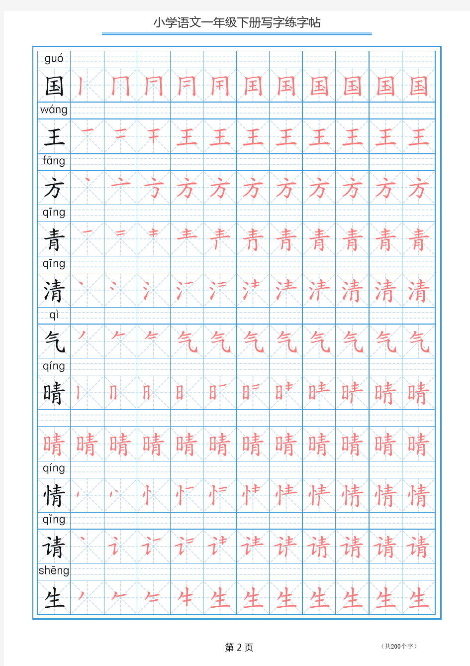 一年级语文下册写字表描红练字帖上(带拼音笔顺)