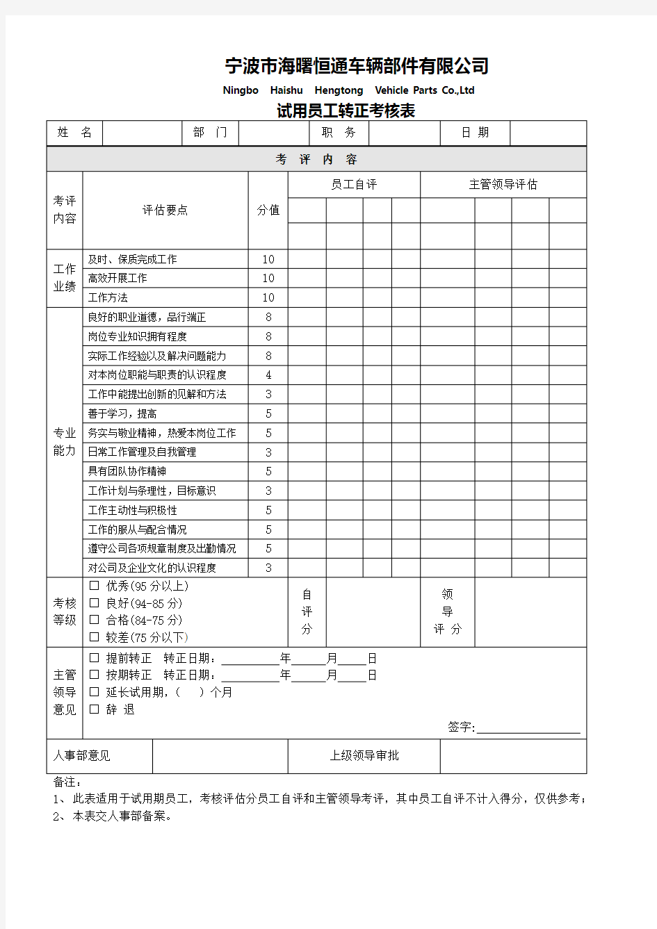 员工转正申请表(一般员工)