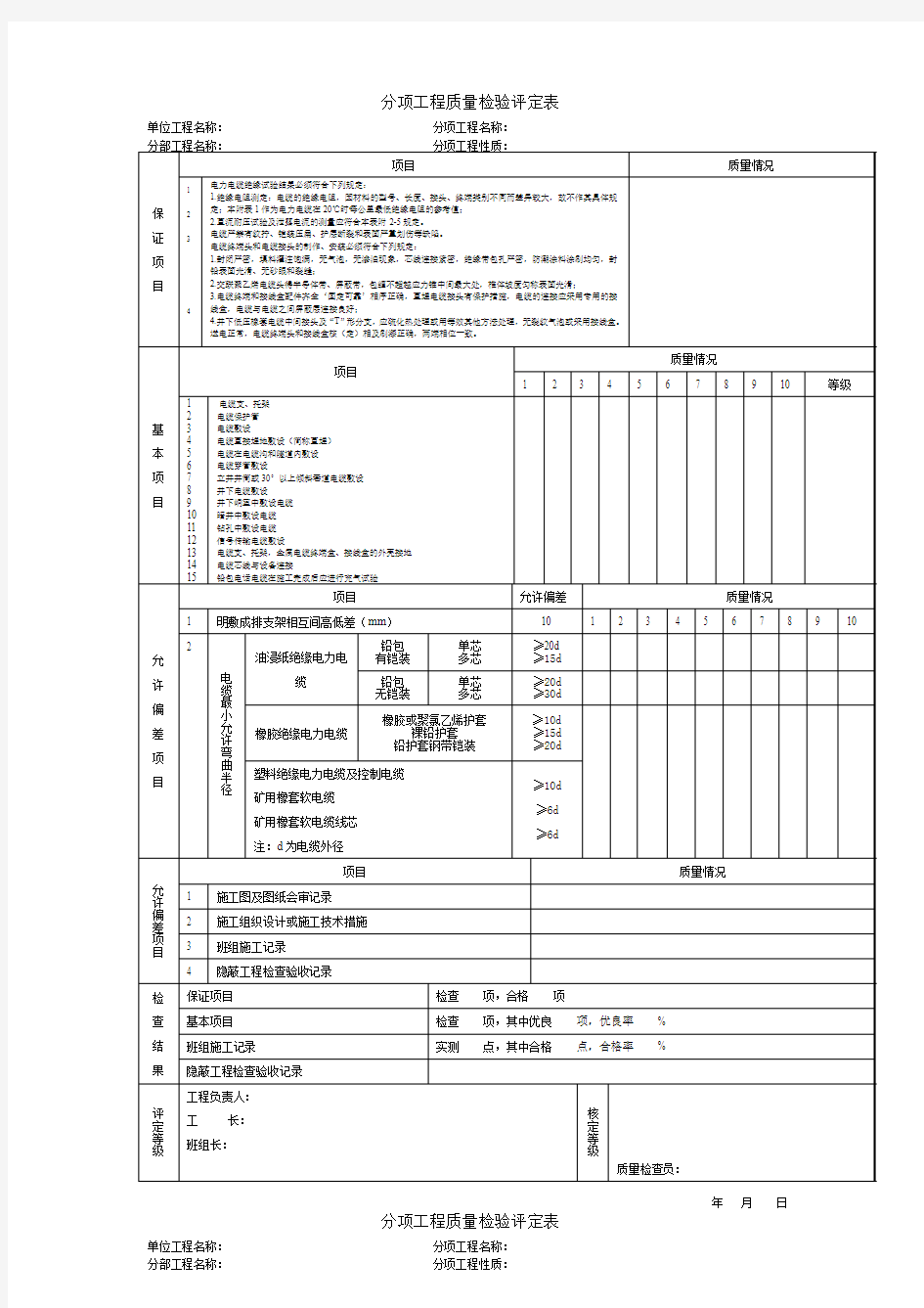 分项工程质量检验评定表