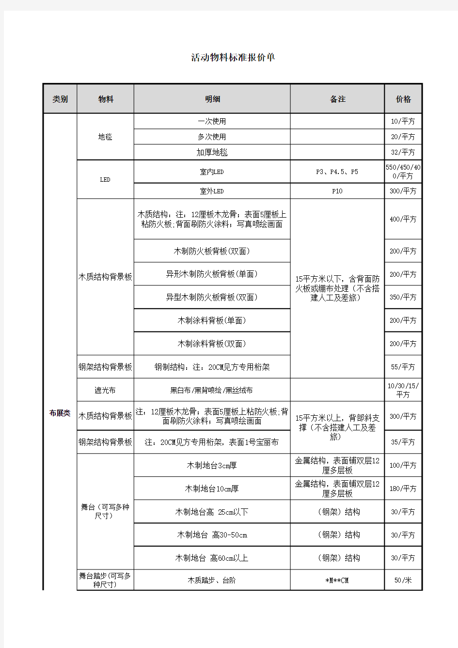 舞台活动节目演艺表演设备全套租赁报价单模板(excel文档可修改)