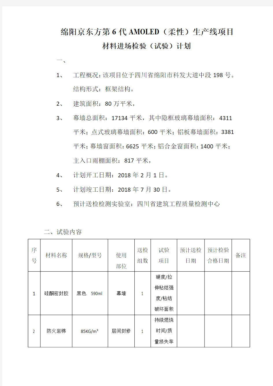 材料进场试验计划