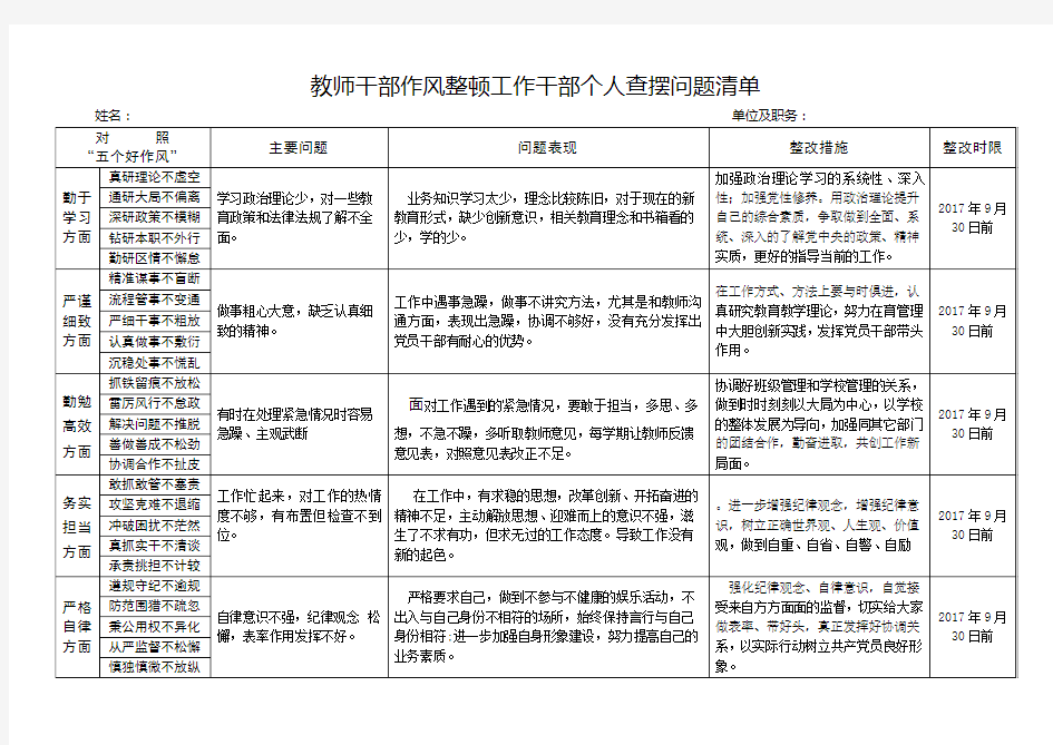 教师干部作风整顿工作干部个人查摆问题清单.doc