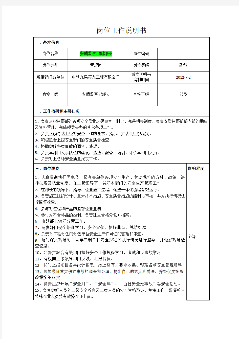 安质部副部长职责