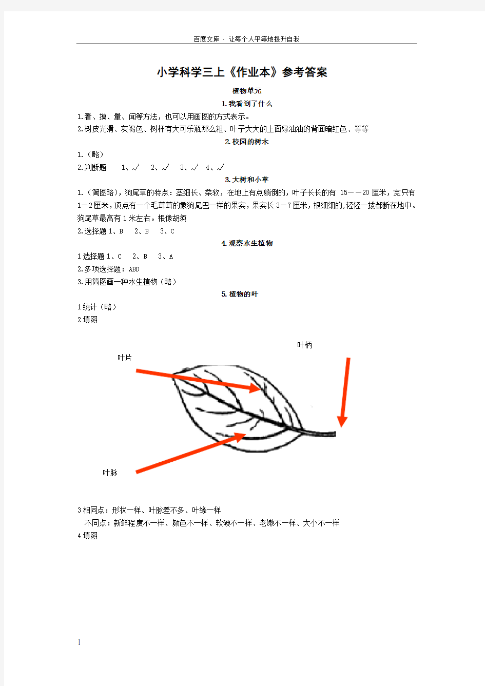 小学科学三上作业本参考答案