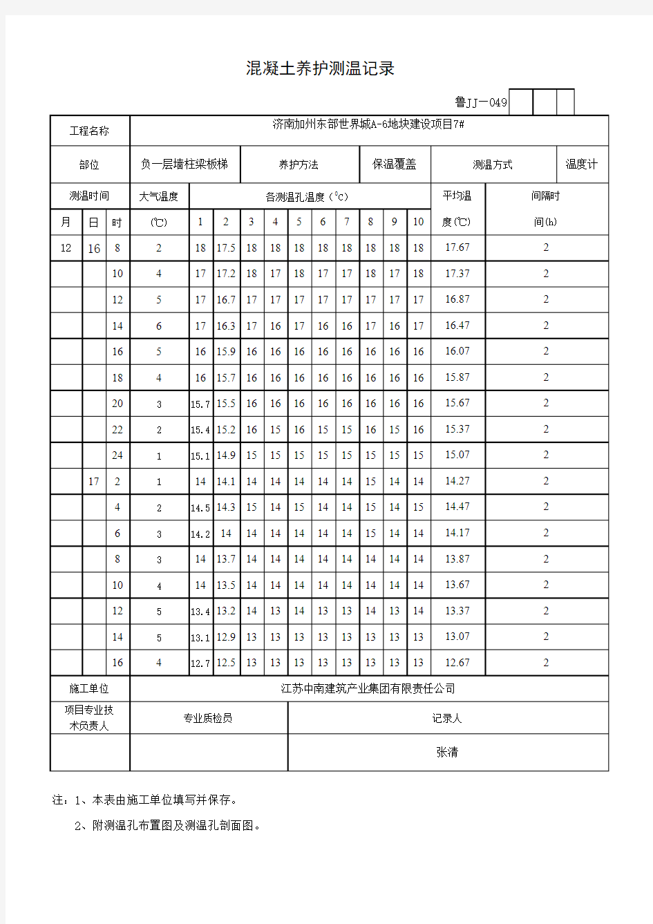 混凝土养护测温记录1