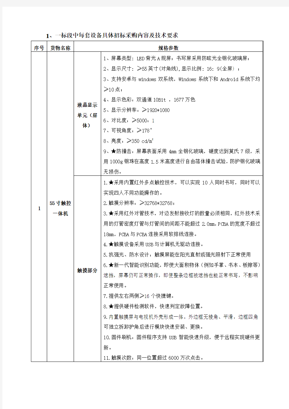 一标段中每设备具体招标采购内容及技术要求