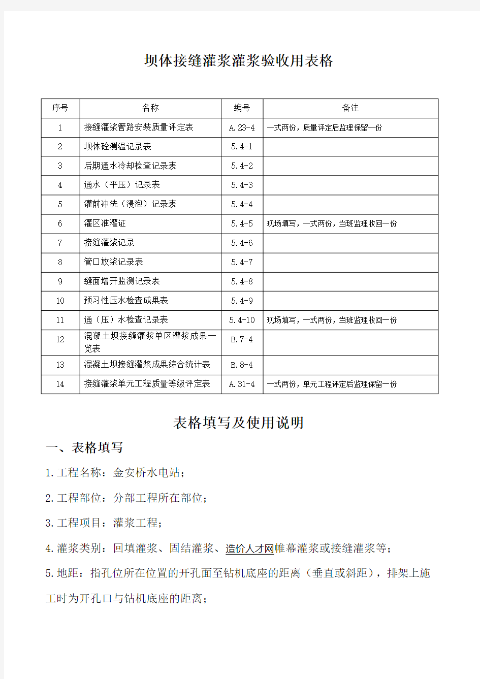 坝体接缝灌浆灌浆验收用表格..