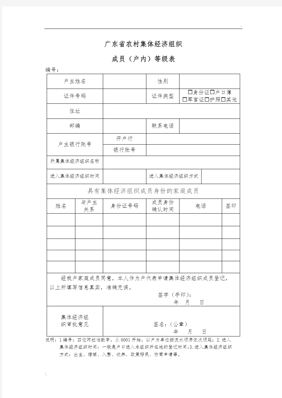 广东省农村集体经济组织成员(户内)登记表