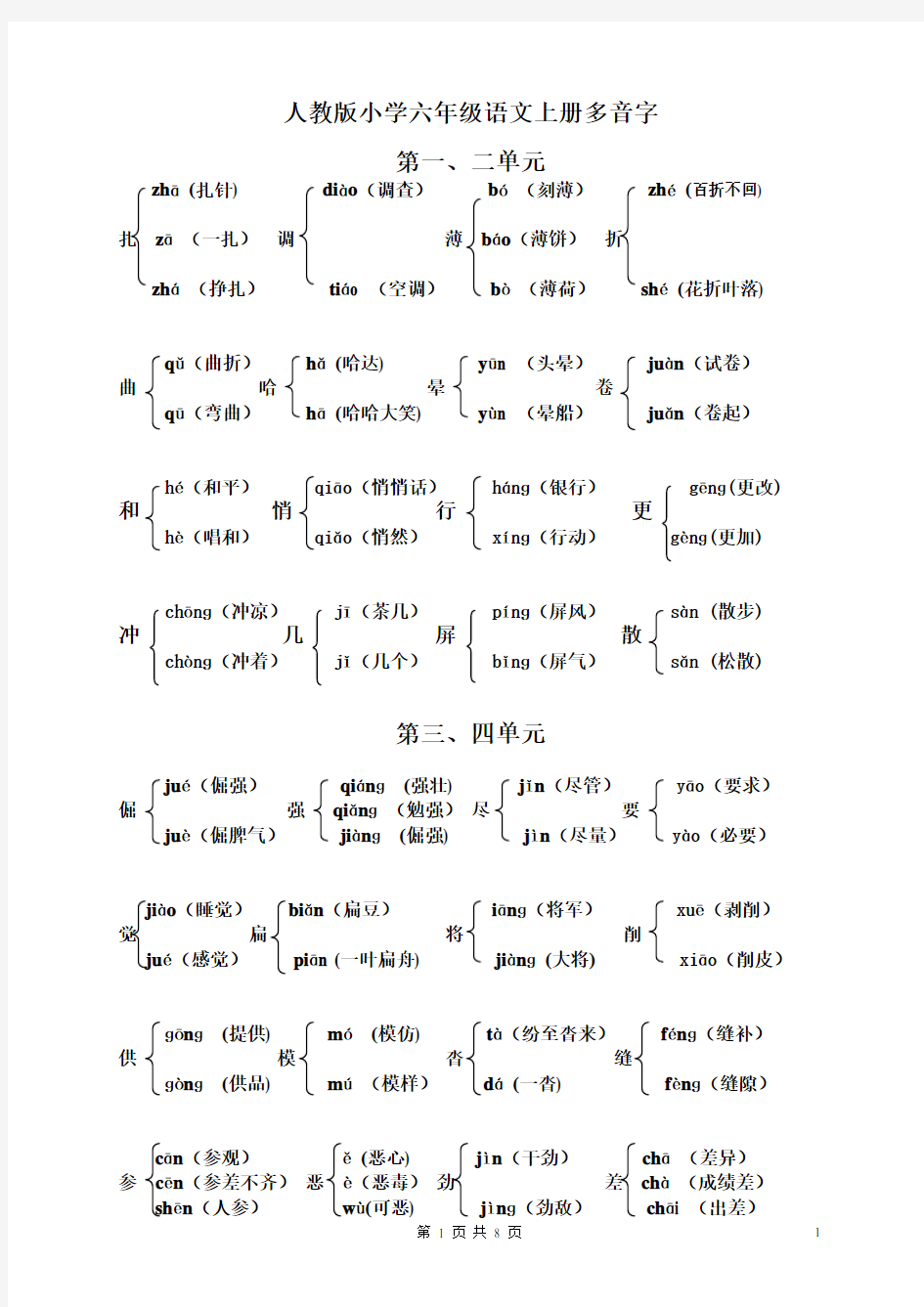 人教版小学六年级语文上册多音字