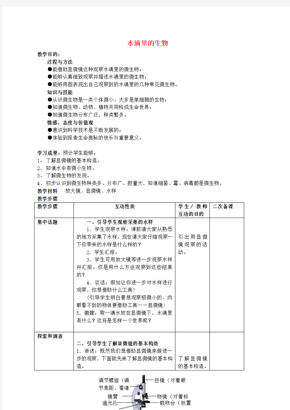 六年级科学上册水滴里的生物教案2苏教版