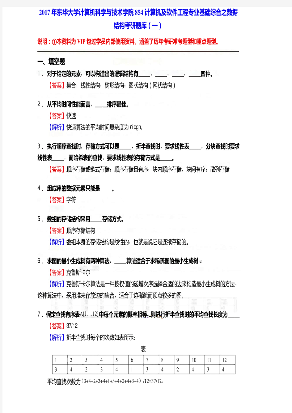 东华大学计算机科学与技术学院854计算机及软件工程专业基础综合之数据结构考研题库