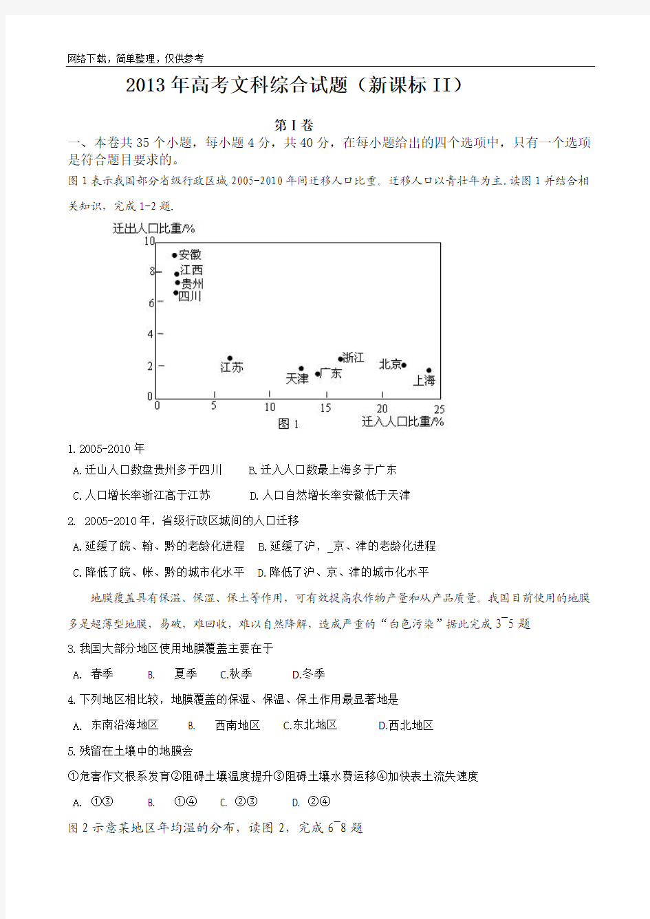 2013年地理高考真题：新课标Ⅱ