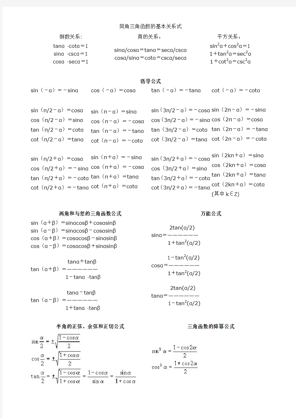 三角函数公式大全