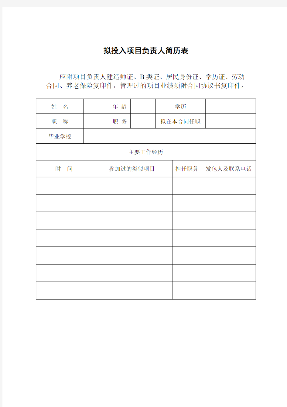 拟投入项目负责人简历表