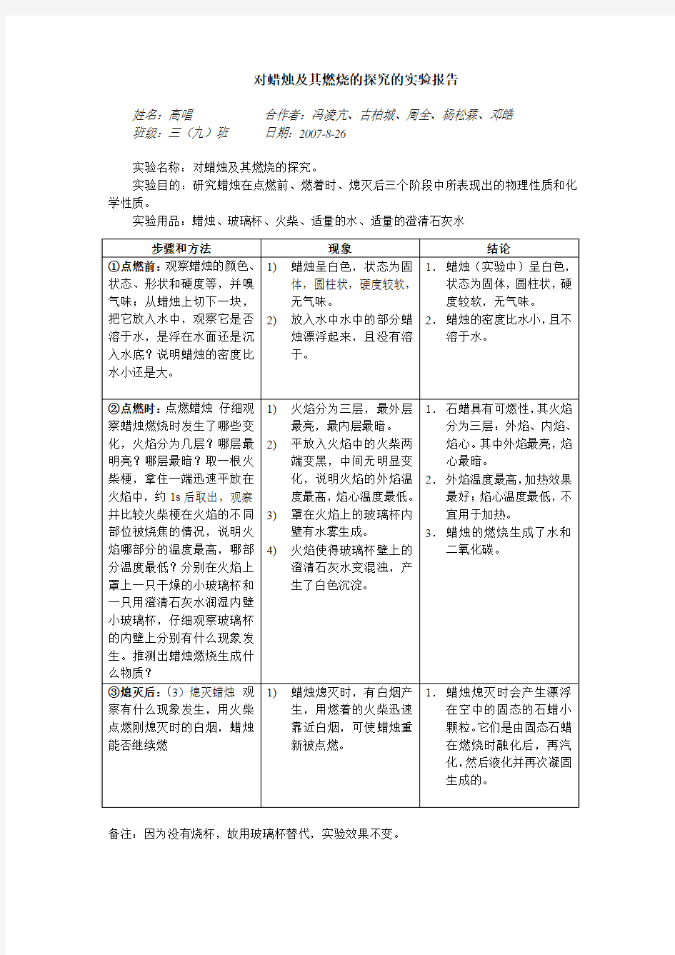 对蜡烛及其燃烧的探究的实验报告