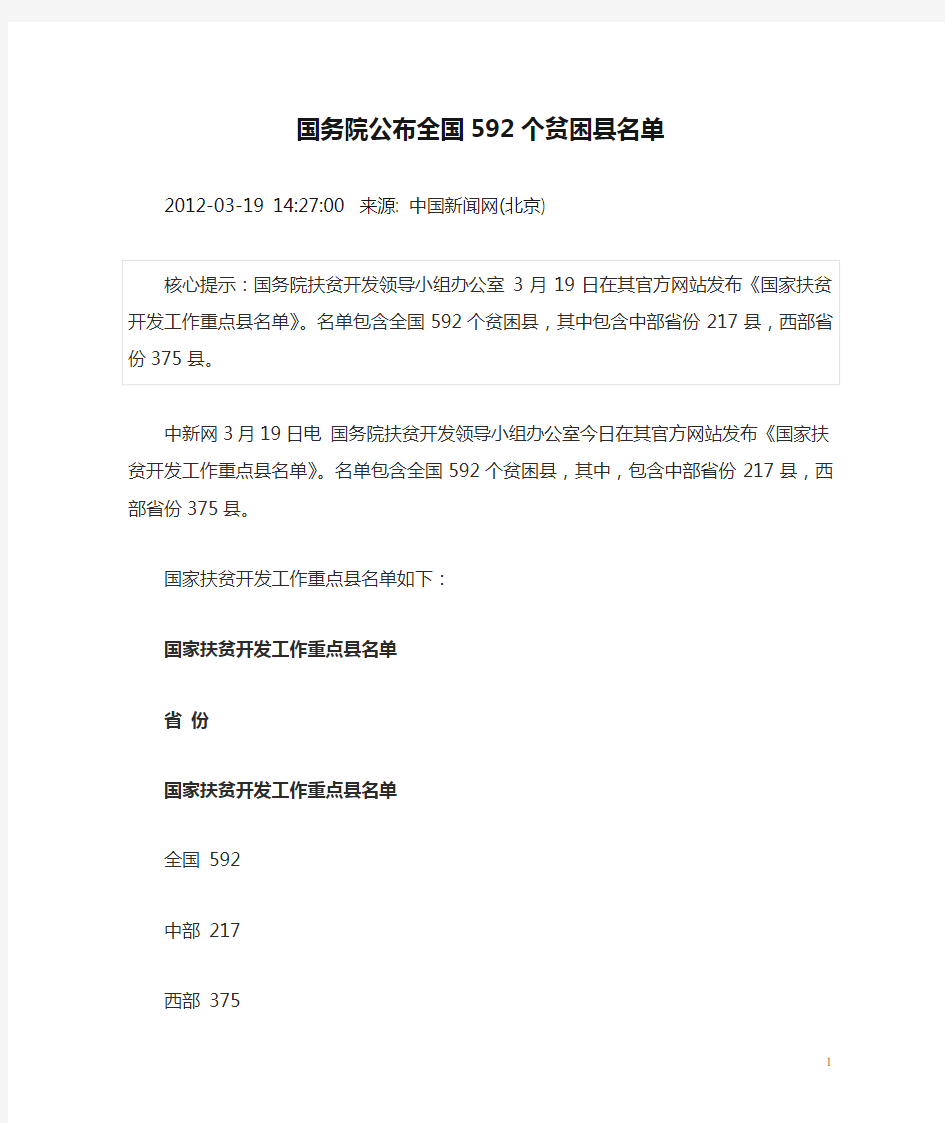 2012年3月19日国务院公布全国592个贫困县名单