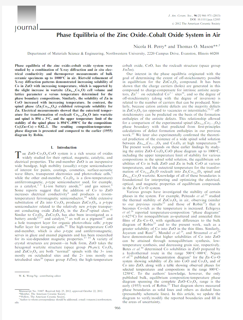 VI Mason_Phase equilibria ZnO-CoO in air JACerS 2013